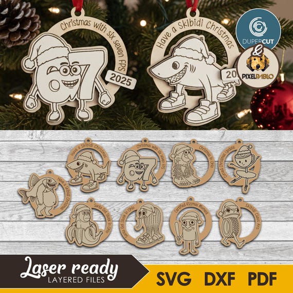9 Brainrot Ornaments Bundle SVG: Laser Cut Christmas Tree Decoration (Digital Download)