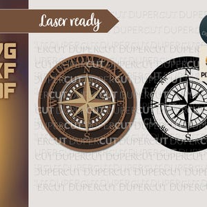 May include: A laser-cut compass design with a brown wood-like finish and a black and white outline. The compass features a star-shaped needle pointing north, with the words "Custom Text" around the outer edge.