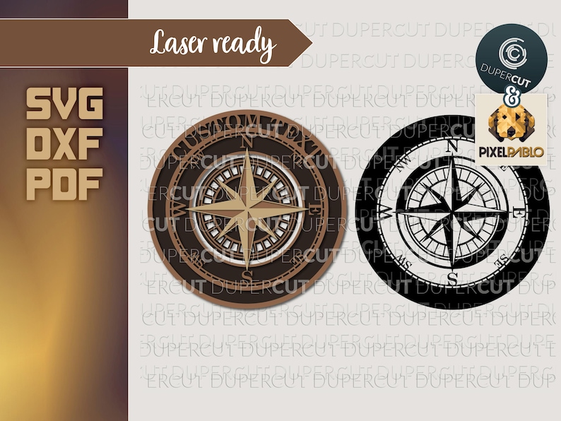 May include: A laser-cut compass design with a brown wood-like finish and a black and white outline. The compass features a star-shaped needle pointing north, with the words "Custom Text" around the outer edge.