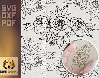May include: Black and white line art design of a bouquet of roses. The design is repeated in a pattern on a white background. A close-up of the design is shown on a piece of wood.