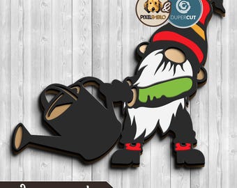 Garden Gnome with watering can Layered SVG: 2 versions - Laser Cut Vector Designs (Digital Download)