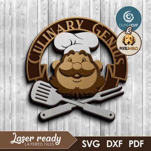 May include: A brown and white logo with the text "Culinary Genius" in a circle. A cartoon chef with a white hat and a mustache is in the center of the circle. A spatula and fork are crossed below the chef. The text "Laser Ready Layered Files" is below the logo. The text "SVG DXF PDF" is below the text "Laser Ready Layered Files".