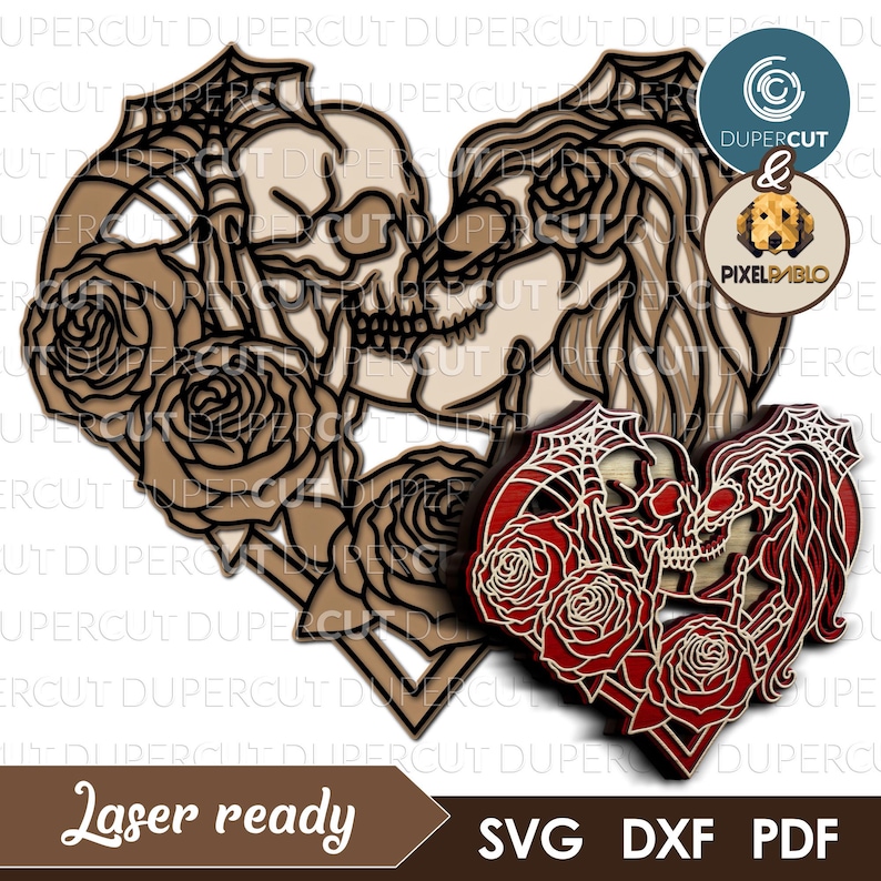 Pode incluir: Um design de corte a laser de dois esqueletos se beijando, cercados de rosas. O design &eacute; em forma de cora&ccedil;&atilde;o e &eacute; perfeito para um presente de casamento ou anivers&aacute;rio.