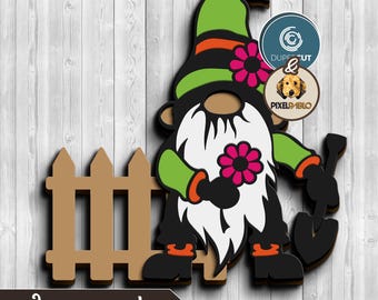 Garden Gnome with flower Layered SVG: Laser Cut Vector Designs (Digital Download)