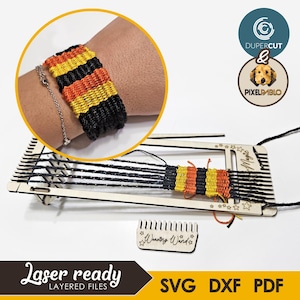 May include: A woven bracelet in black, orange, and yellow is displayed on a wrist. The image also shows a wooden weaving loom with a partially woven bracelet, a weaving comb, and the text "Laser ready LAYERED FILES SVG DXF PDF".
