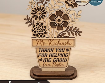 Flower Pot with base - Teacher Gift SVG layered file - Add custom name - Vector Design for Laser Cutting Machines | Digital Download