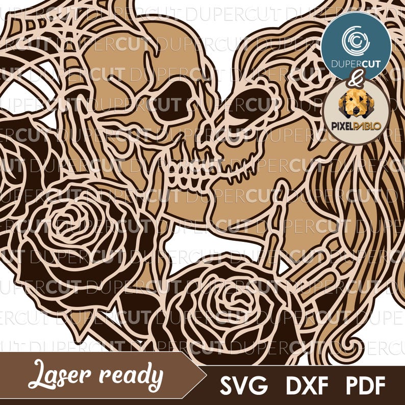 Arquivo em camadas SVG do Kissing Skulls Eternal Love | Design vetorial para máquinas de corte a laser | Gravação a Laser | Beijo da morte com caveira de açúcar imagem 4