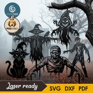 May include: Black metal Halloween decorations including a cat in a witch hat, a scarecrow with a crow, a mummy, a zombie, and a hooded ghost. The phrase "Laser ready" and file type options are also included.