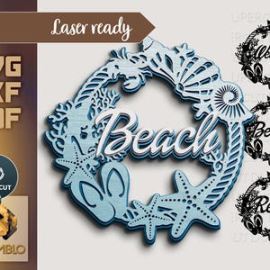 May include: A blue and white laser cut wood cutout of a wreath with the word "Beach" in the center. The wreath is decorated with seashells, starfish, and rope. The cutout is ready to be used for a craft project.