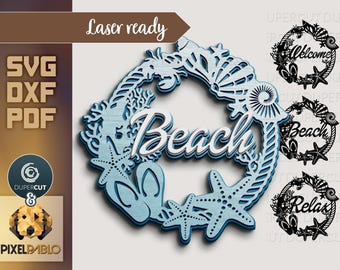 3 Designs Beach Relax Welcome signs SVG layered file | Vector Design for Laser Cutting Machines | Laser Engraving | Seashells cottage decor