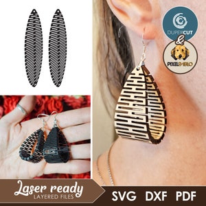 Peut inclure: Une paire de boucles d'oreilles découpées au laser avec un motif géométrique. Les boucles d'oreilles sont en bois et ont une finition naturelle. Les boucles d'oreilles sont présentées sur un modèle qui les porte. L'image comprend également le texte "Laser ready layered files" et "SVG DXF PDF".