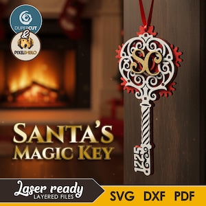 May include: A decorative wooden key ornament with the text "SANTA'S MAGIC KEY". The key is white with red accents and a gold initial. The date "1225" is on the key. The ornament hangs from a red ribbon. The words "Laser ready" are also visible.