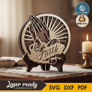 Praying Hands SVG layered file | Vector Design for Laser Cutting Machines | Laser Engraving | Round starburst Faith sign wall plaque