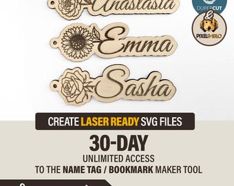 Flower Name Tag / Bookmark Maker Tool - Laser Ready SVG Generator - Create Unlimited Custom Designs - 30 Day Access