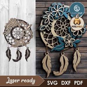 May include: A laser cut dreamcatcher design featuring blue and brown flowers, leaves, and feathers. The design is ready to be cut on a laser cutter. SVG, DXF, and PDF files are included.