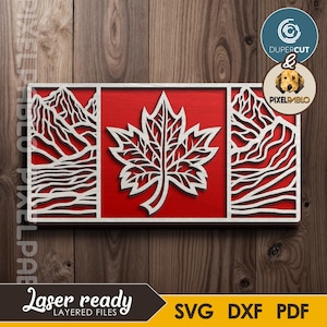Fichier SVG en couches drapeau canadien | Design vectoriel pour machines de découpe laser | Gravure laser | Abstrait signe patriotique des montagnes du Canada