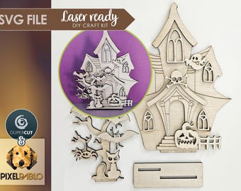 Kit de manualidades para niños de casa embrujada (archivo SVG, diseño vectorial para máquinas de corte láser, grabado láser, pintura de madera para Halloween)
