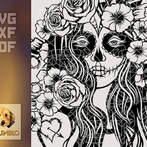 Sugar Skull Woman with Flowers | Gothic Steampunk | Vector Design Cutting Machines | Urban Sublimation | T-shirt Graphic | Laser Engraving