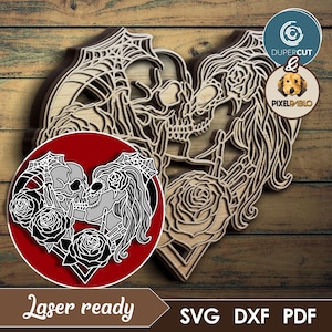Arquivo em camadas SVG do Kissing Skulls Eternal Love | Design vetorial para máquinas de corte a laser | Gravação a Laser | Beijo da morte com caveira de açúcar imagem 1