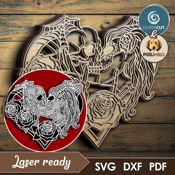 Kissing Skulls Eternal Love SVG layered file | Vector Design for Laser Cutting Machines | Laser Engraving | Sugar skull kiss of death