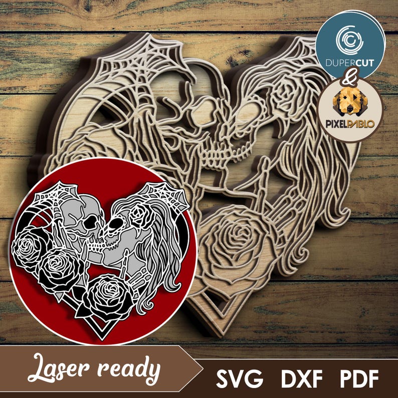 Arquivo em camadas SVG do Kissing Skulls Eternal Love | Design vetorial para máquinas de corte a laser | Gravação a Laser | Beijo da morte com caveira de açúcar imagem 1