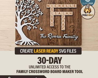 Family Crossword Board Maker Tool - Laser Ready SVG Generator - Create Unlimited Custom Designs - 30 Day Access - Instant Digital Download