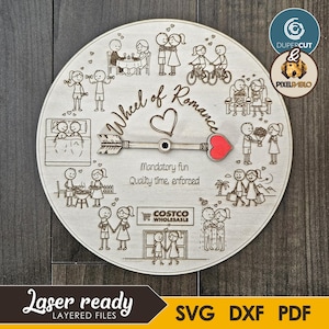 May include: A circular wooden plaque featuring etched illustrations of couples and the text "Wheel of Romance". The arrow points to a red heart. Text includes "Mandatory fun", "Quality time, enforced", and "Laser ready".