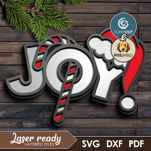 JOY Candy Cane Decoration Sign SVG layered file | Vector Design for Laser Cutting Machines | Laser Engraving Christmas door hanger Santa hat