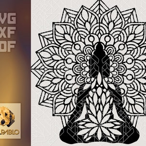 May include: Black and white silhouette of a person meditating in a lotus position, surrounded by a detailed mandala pattern.