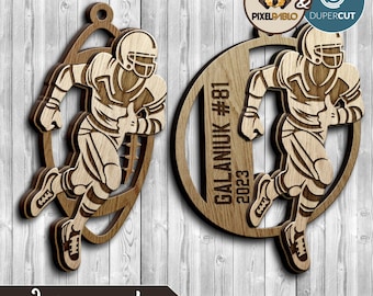May include: Wooden laser-cut football player ornaments. One is oval-shaped, the other is a football shape. The player is wearing a helmet and uniform, running with the ball. The oval ornament has the name GALANIUK #81 and the year 2023. The text "Laser ready" and file types are also visible.