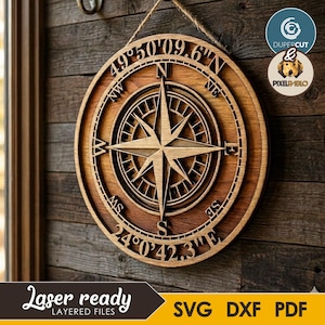Boussole personnalisée avec texte personnalisé ou fichier SVG de coordonnées | Design vectoriel pour machines de découpe laser, décoration murale, plaque cadeau fête des pères