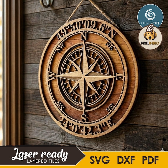 Personalized Compass add custom text or coordinates SVG file | Vector Design for Laser Cutting Machines Wall decor Father's Day Gift Plaque
