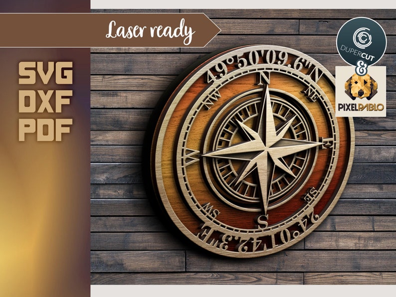 Compass with custom text or cooridnates, layered SVG vector pattern for laser cutting machines Glowforge, Xtool, Circut, CNC plasm