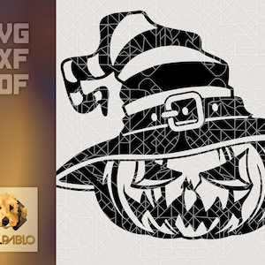 May include: Black and white Halloween-themed graphic of a jack-o'-lantern wearing a witch's hat. The image includes the text "SVG DXF PDF" and the Pixel Pablo logo.