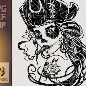 Sugar Skull Pirate Girl with Roses SVG file | Gothic steampunk template | Vector Design for Cutting Machines | Sublimation Laser Engraving
