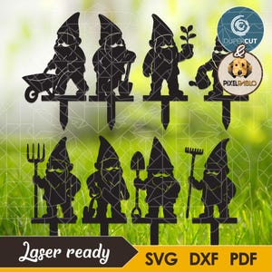 May include: Black metal garden gnome stakes in various poses, including holding a wheelbarrow, shovel, and rake. The stakes are designed for laser cutting and include SVG, DXF, and PDF file formats. The text "Laser ready" is also included.