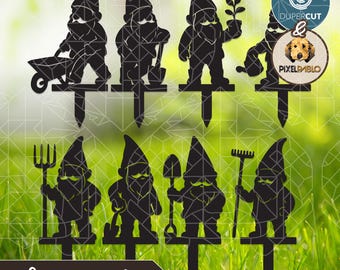 May include: Black metal garden gnome stakes in various poses, including holding a wheelbarrow, shovel, and rake. The stakes are designed for laser cutting and include SVG, DXF, and PDF file formats. The text "Laser ready" is also included.