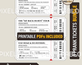 3 Pack - Prank Tickets for Halloween, Birthday, NYE events, SVG & PDF Files: Laser Cutting and for Printing versions (Digital Download)