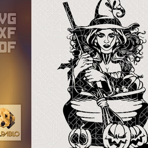 Halloween Witch with Cauldron and Broom | Gothic steampunk design | Vector Design for Cutting Machines | Urban Sublimation | T-shirt Graphic