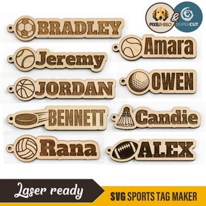 Può includere: Targhette in legno a tema sportivo con vari disegni di palloni sportivi, tra cui calcio, baseball, basket, golf, hockey, badminton, pallavolo e football americano. Ogni targhetta presenta un nome come Bradley, Jeremy, Jordan, Amara, Owen, Candie, Bennett, Rana e Alex.