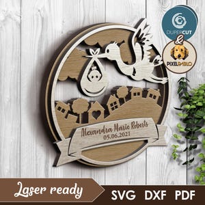 Cicogna con neonato file SVG personalizzato / Design vettoriale per macchine da taglio laser / Incisione laser / Cartello per neonato, ornamento regalo fai da te