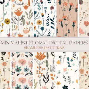 Minimalist Floral Digital Paper - SEAMLESS PATTERN - Minimalistic flower patterns - 10 Designs - 7.5x7.5in