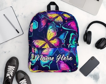 Personalized Butterfly Backpack, Custom Name Butterflies Rucksack, Butterfly Enthusiast Bag, Lepidopterist Gift, Butterfly Present, For Her