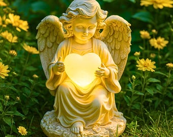 Solar Angel Garden Statue with Glowing Heart, 8-Inch Resin Memorial Decor, Sympathy Gift