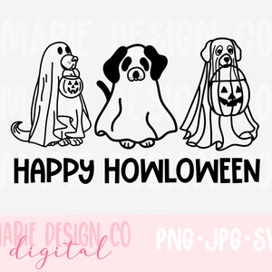 K&ouml;nnte beinhalten: Drei schwarz-wei&szlig;e Cartoon-Hunde, die als Geister f&uuml;r Halloween verkleidet sind. Der Text "Happy Howloween" befindet sich unter den Hunden.