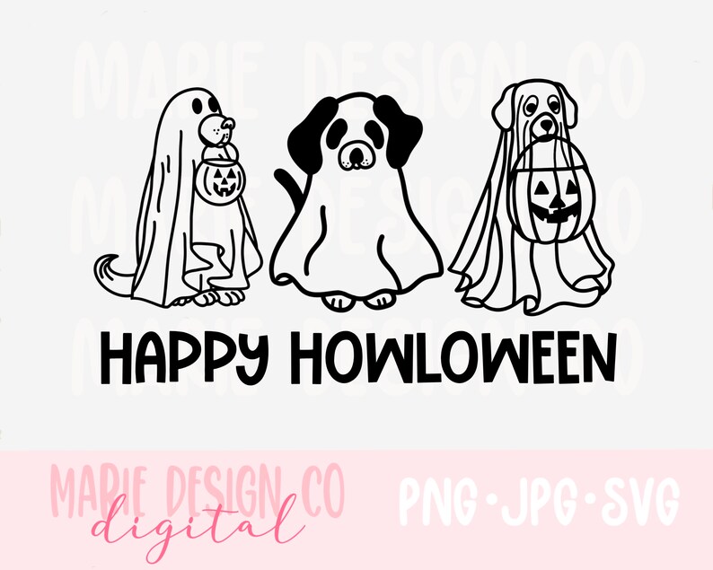 K&ouml;nnte beinhalten: Drei schwarz-wei&szlig;e Cartoon-Hunde, die als Geister f&uuml;r Halloween verkleidet sind. Der Text "Happy Howloween" befindet sich unter den Hunden.