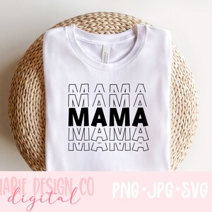 May include: White t-shirt with the word "MAMA" repeated in black text in a stacked, layered design.