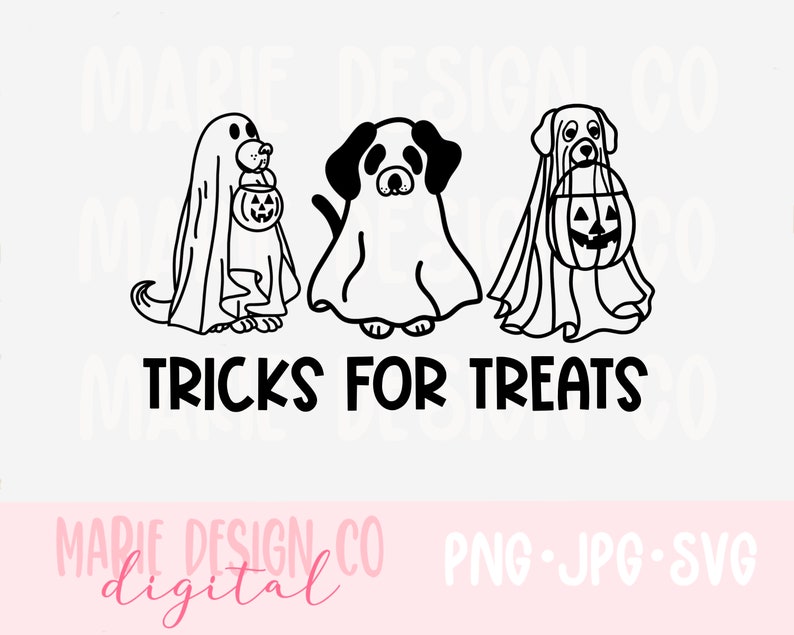 K&ouml;nnte beinhalten: Drei schwarz-wei&szlig;e Cartoon-Hunde, die als Geister f&uuml;r Halloween verkleidet sind. Die Hunde halten K&uuml;rbisse und der Text "TRICKS FOR TREATS" befindet sich darunter.
