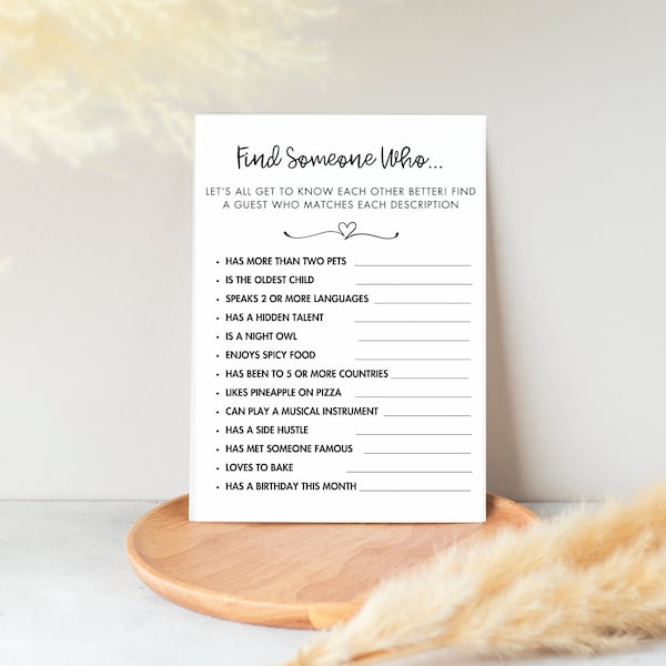 Find The Guest Game Download Template, Minimalist Find Someone Who, Bridal Shower Game, Ice Breaker Game Digital Download