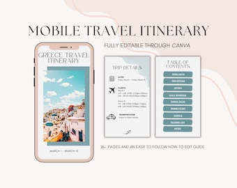 Mobile Travel Itinerary | Mobile Travel Template | Editable Mobile Travel Canva Template Guide | Greece Travel Planner